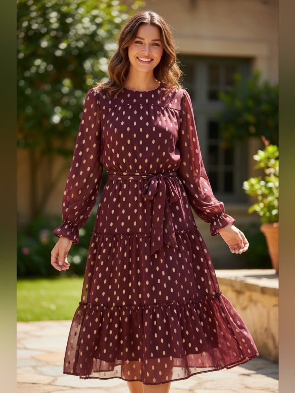 Grace Karin Burgundy Long Sleeve Gold Dot Tiered Midi Dress